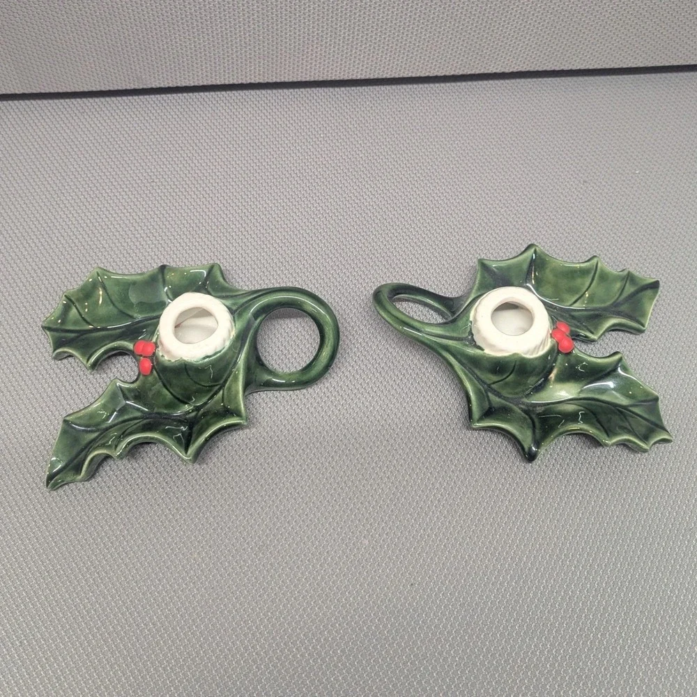 VTG Ceramic Holly Leaf Christmas Candle Holders Set of 2 Green Red Berry Signed
